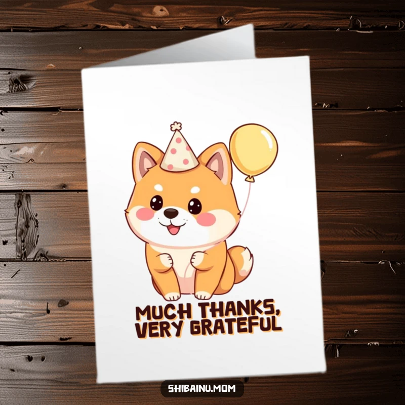 Funny Free Printable Shiba Inu Thank You Card: A fluffy dog in a party hat holding a balloon, sending thanks with festive joy.
