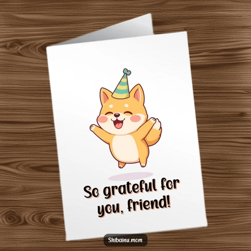 Free Printable Thank You Card: A Shiba Inu in a tiny party hat jumps for joy, spreading happiness.