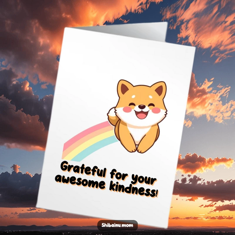 Free Printable Thank You Card: A Shiba Inu with a wide smile slides joyfully down a vibrant rainbow.