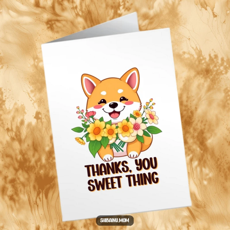 Funny Free Printable Thank You Card: A happy Shiba Inu with a wide grin holds a bouquet of colorful flowers.