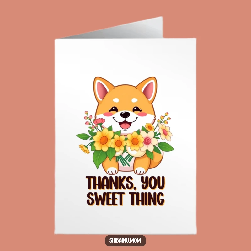 Free Printable Shiba Inu Thank You Card: Smiling Dog, Flower Gift, Downloadable Gratitude