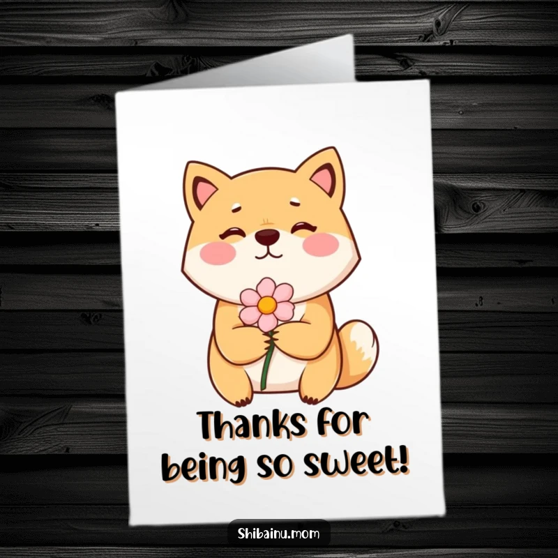 Funny Free Printable Bashful Shiba Inu Thank You Card, a shy dog with rosy cheeks handing a flower, expressing thanks, printable dog card.