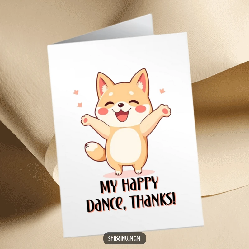 Funny Free Printable Thank You Card: Energetic Shibainu doing a happy dance with paws in the air, a downloadable expression of thanks.