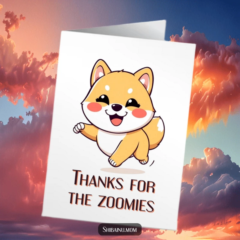 Funny Free Printable Thank You Card: Cute Kawaii Shiba Inu running with a goofy smile, expressing pure joy and thanks.