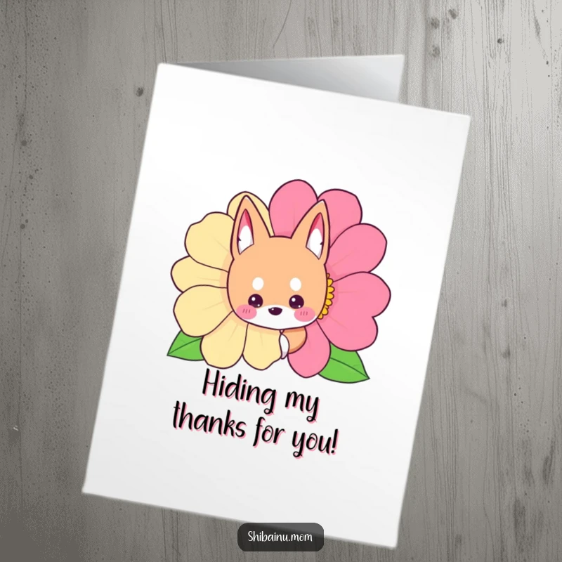 Funny Free Printable Thank You Card: Shibainu peeking from behind an oversized flower, a cute and downloadable thank you.