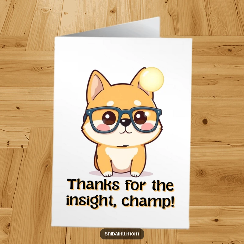 Funny Free Printable Thank You Card: A Shiba Inu in oversized glasses gazes with curiosity at a radiant, glowing orb, expressing thanks.