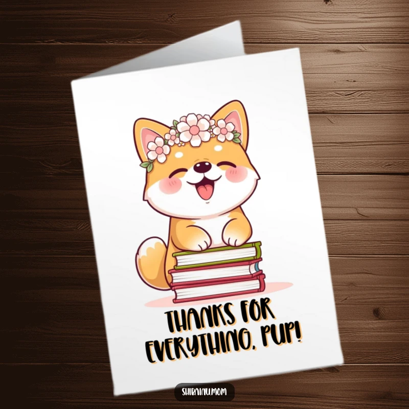 Funny Free Printable Thank You Card: A cheerful Shiba Inu with a flower crown giggles while balancing books, expressing gratitude.