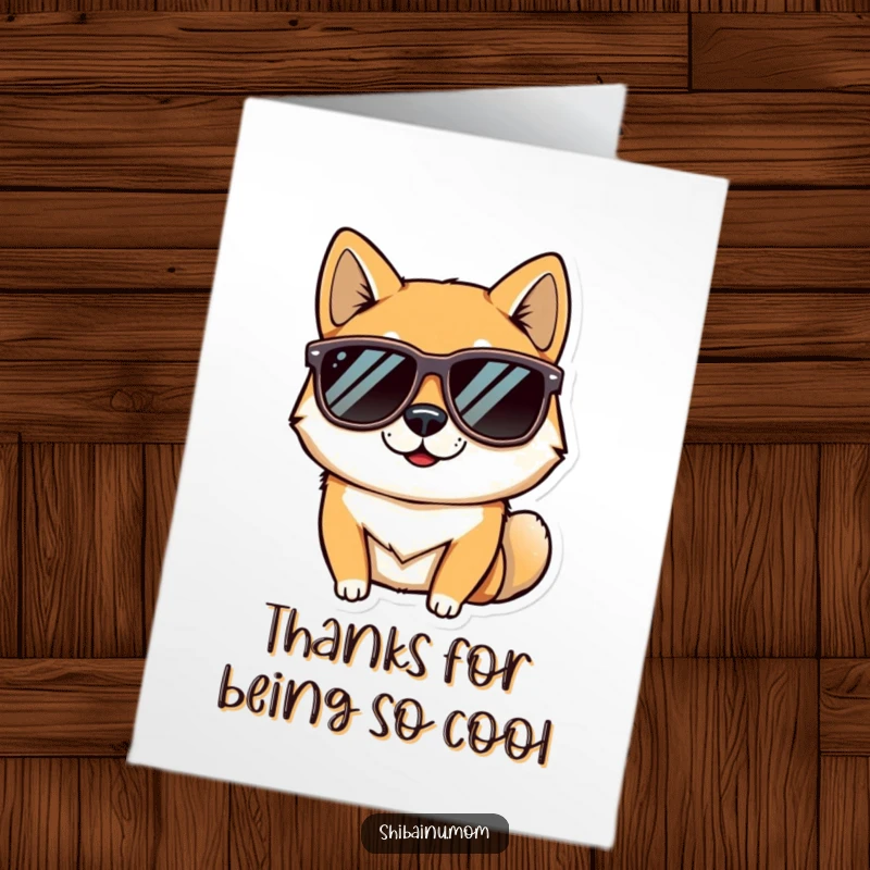 Funny Free Printable Thank You Card: Shiba Inu sports oversized sunglasses, looking cool, perfect downloadable gift.