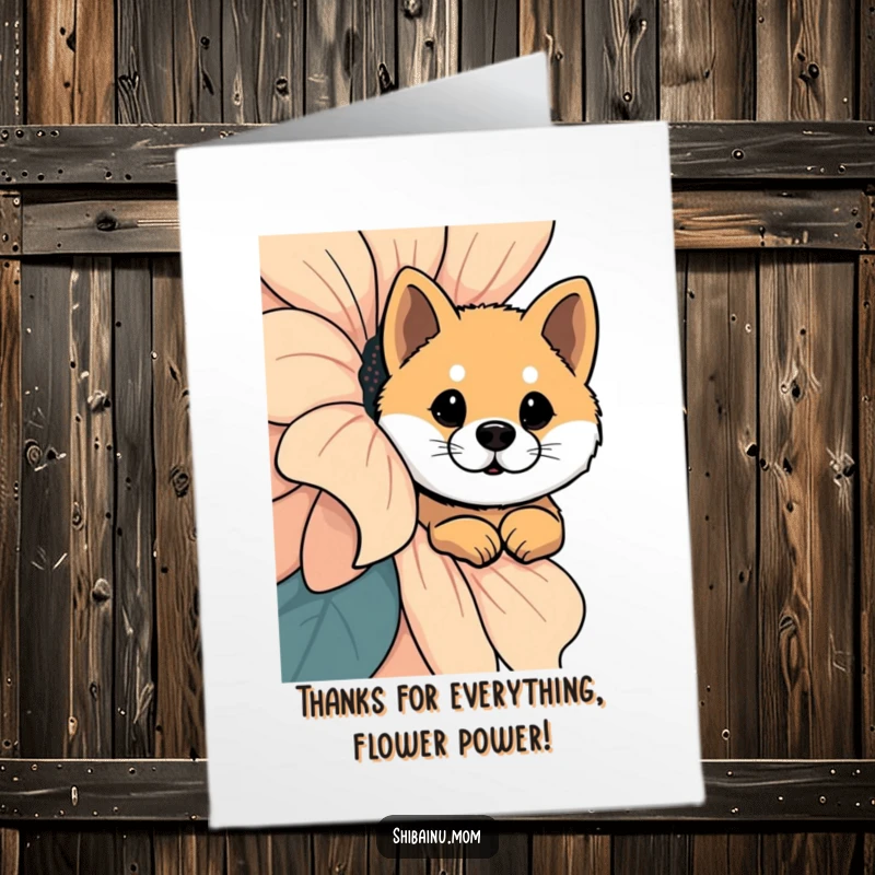 Free Printable Thank You Card: A Shiba Inu with curious eyes peeks out from behind a gigantic, beautiful flower.