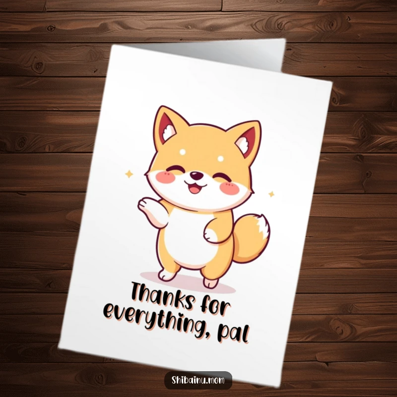 Funny Free Printable Thank You Card: Cute Kawaii Shiba Inu with floppy ears doing a happy dance, expressing thanks.