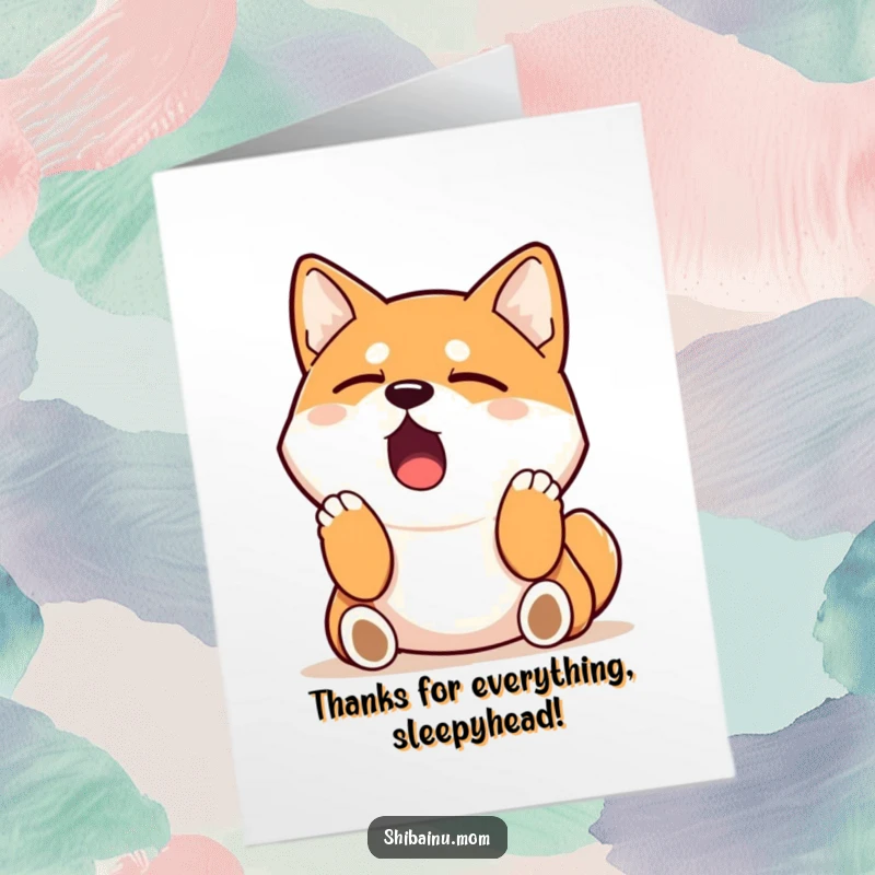 Funny Free Printable Sleepy Shiba Inu Thank You Card, a dog yawning widely, expressing gratitude, printable dog thank you.