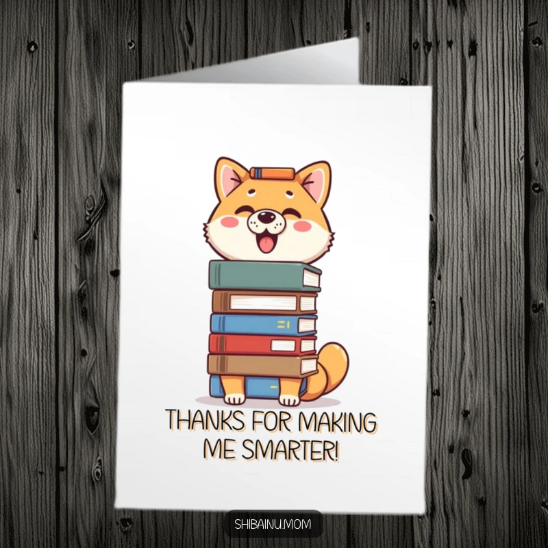 Funny Free Printable Proud Shiba Inu Thank You Card, a dog balancing books, expressing gratitude with wisdom, printable dog card.