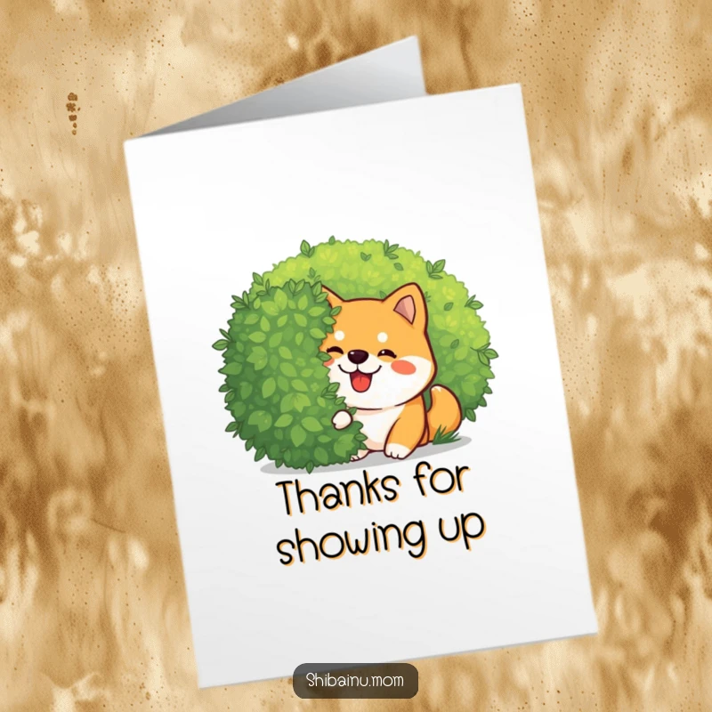 Funny Free Printable Thank You Card: Adorable Kawaii Shiba Inu giggling while peeking from a bush, expressing gratitude playfully.