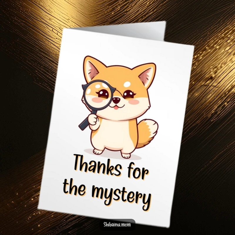 Funny Free Printable Thank You Card: Shiba Inu dog intently examining something with a magnifying glass, looking naughty.