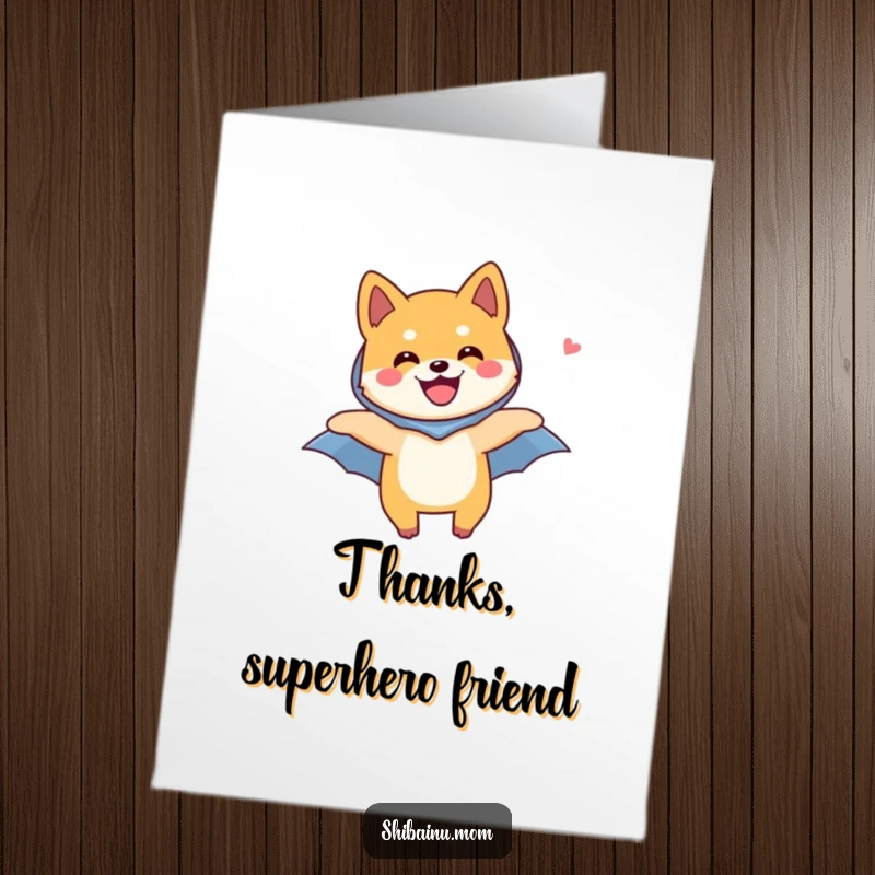 Funny Free Printable Thank You Card: Shiba Inu dog in a tiny cape, soaring joyfully through the air.