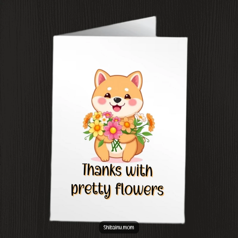 Funny Free Printable Thank You Card: Cute Kawaii Shiba Inu holding a bouquet of cheerful flowers, conveying sincere thanks.