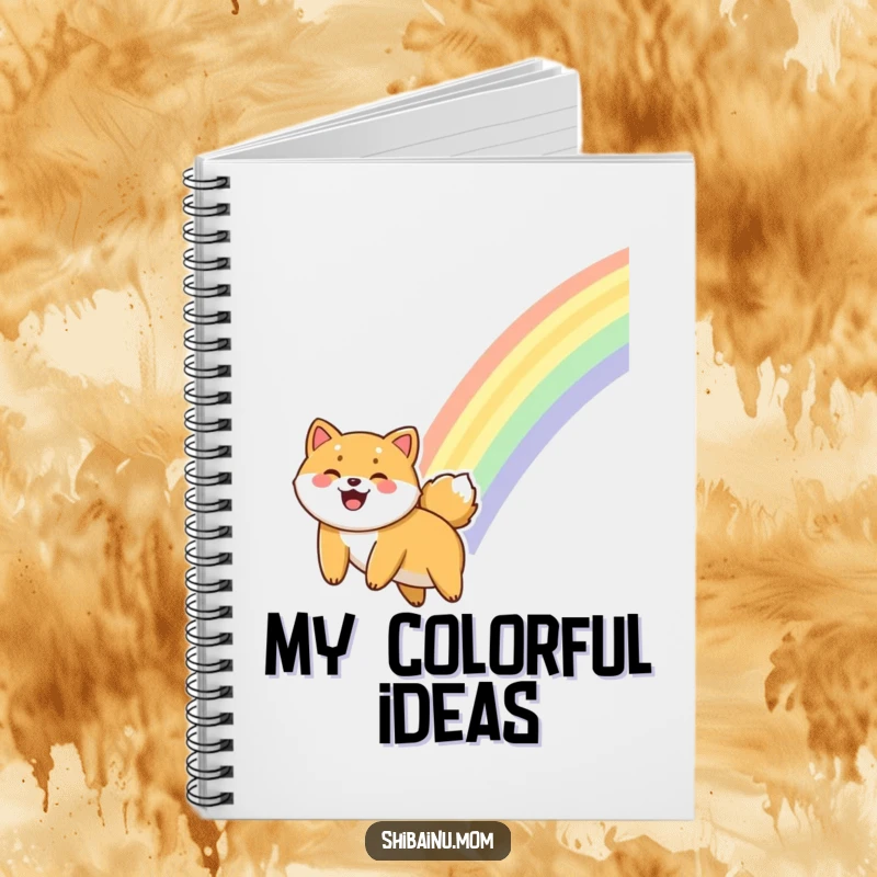 Funny Shiba Inu notebook design with a giggling dog sliding down a rainbow, perfect for jotting happy thoughts.