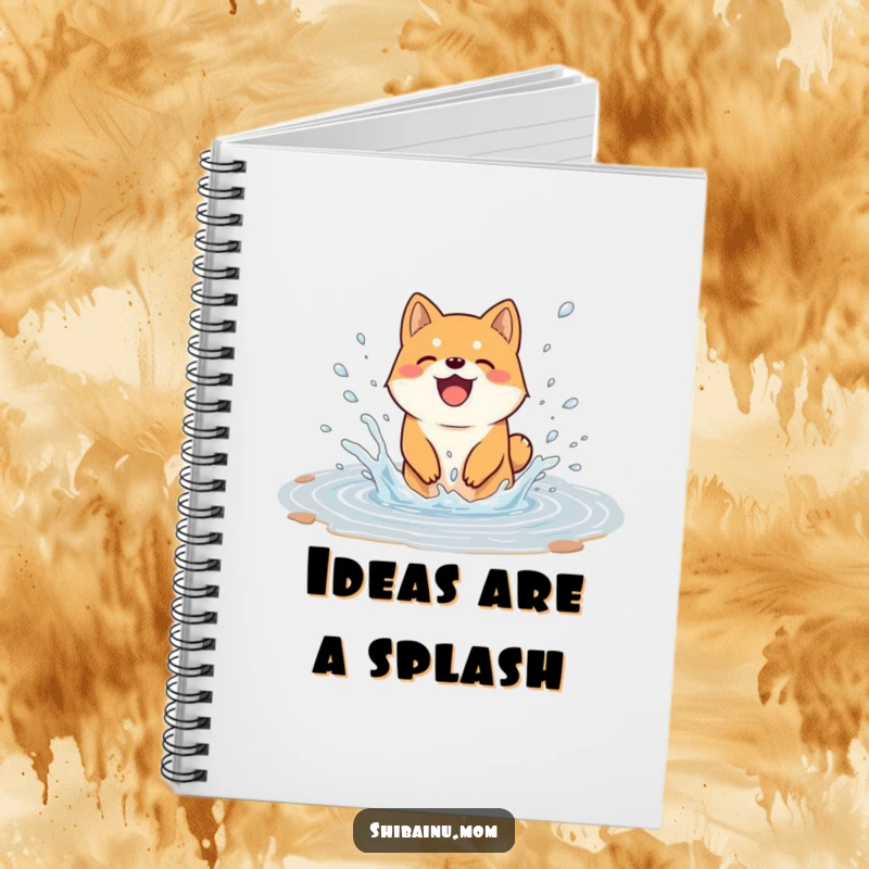 Funny notebook featuring a Shiba Inu dog joyfully splashing in a puddle, water flying, ideal for note-taking and doodling with playful energy.