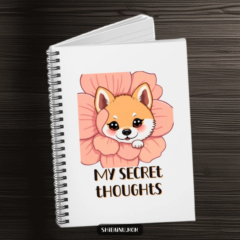 Funny Shiba Inu notebook featuring a dog with wide eyes peeking from behind a flower, ready to capture notes and dreams.