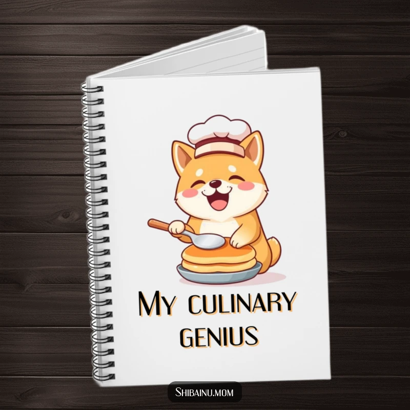 Funny Shiba Inu chef notebook with a tiny hat and a pancake flip illustration, perfect for jotting down culinary ideas.