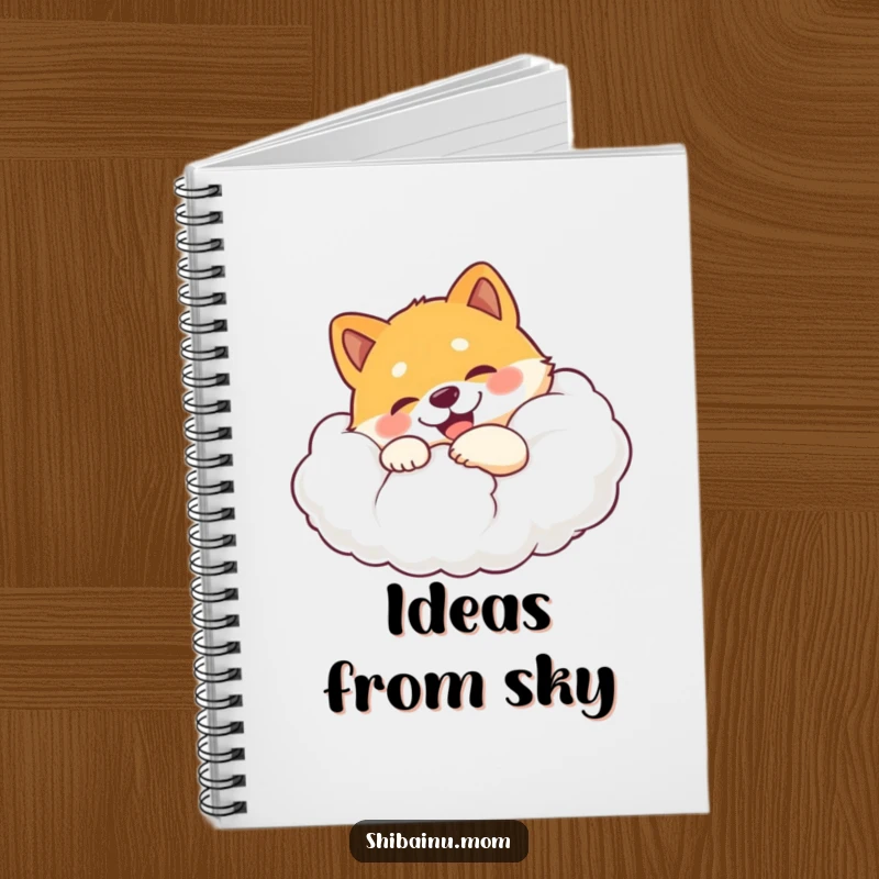 Funny Shiba Inu notebook showing a happy dog hugging a huge, fluffy cloud with an expression of pure delight.