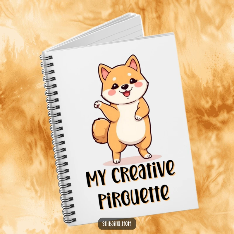Funny notebook featuring a Shiba Inu energetically dancing with one leg lifted, ideal for jotting down ideas with a playful and humorous touch.