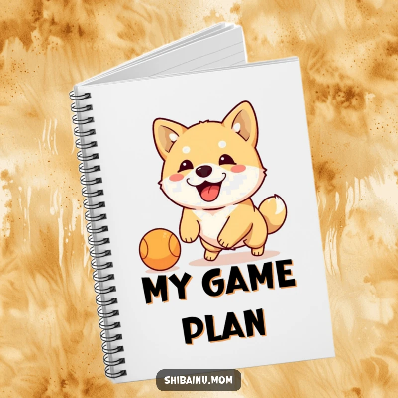 Funny Shiba Inu dribbling ball notebook, energetic dog with floppy ears plays with a small ball, perfect for jotting notes.