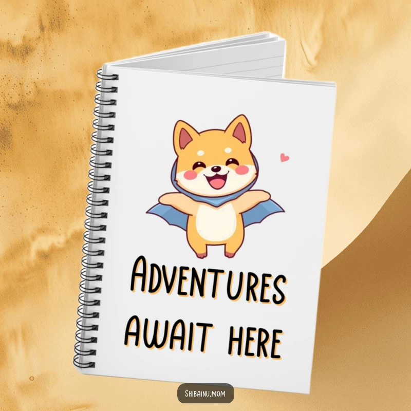 Funny Shiba Inu dog notebook cover, showing a Shiba Inu flying with a tiny cape and a joyful expression, ideal for notes.