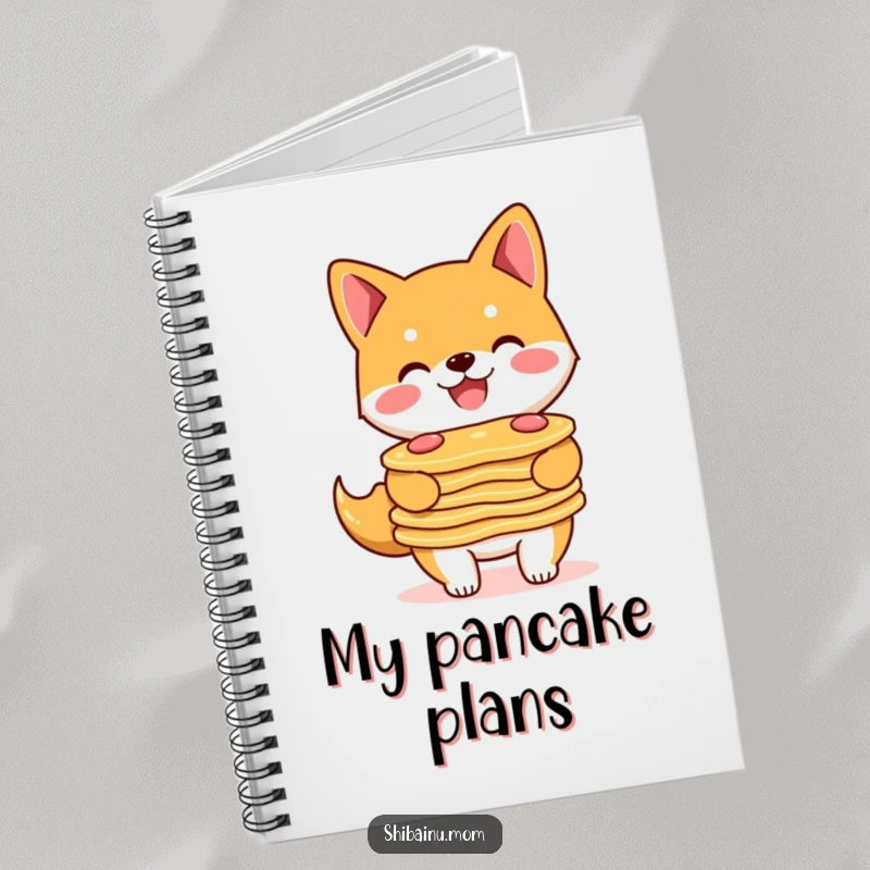 Funny Shiba Inu notebook featuring a smiling doggle holding a stack of pancakes, perfect for note-taking.