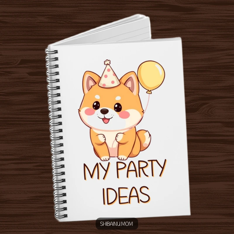 Funny Shiba Inu notebook featuring a fluffy dog wearing a party hat and holding a balloon, ready to record festive ideas.