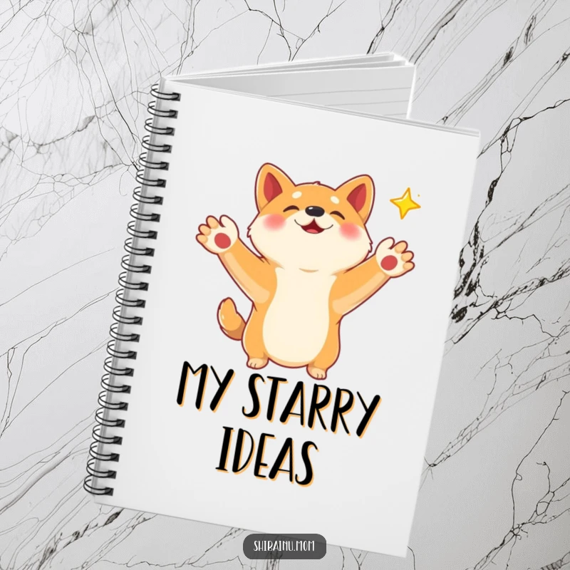 Funny Shiba Inu notebook with paws outstretched, reaching for a falling star, ideal for jotting down dreams and ideas.