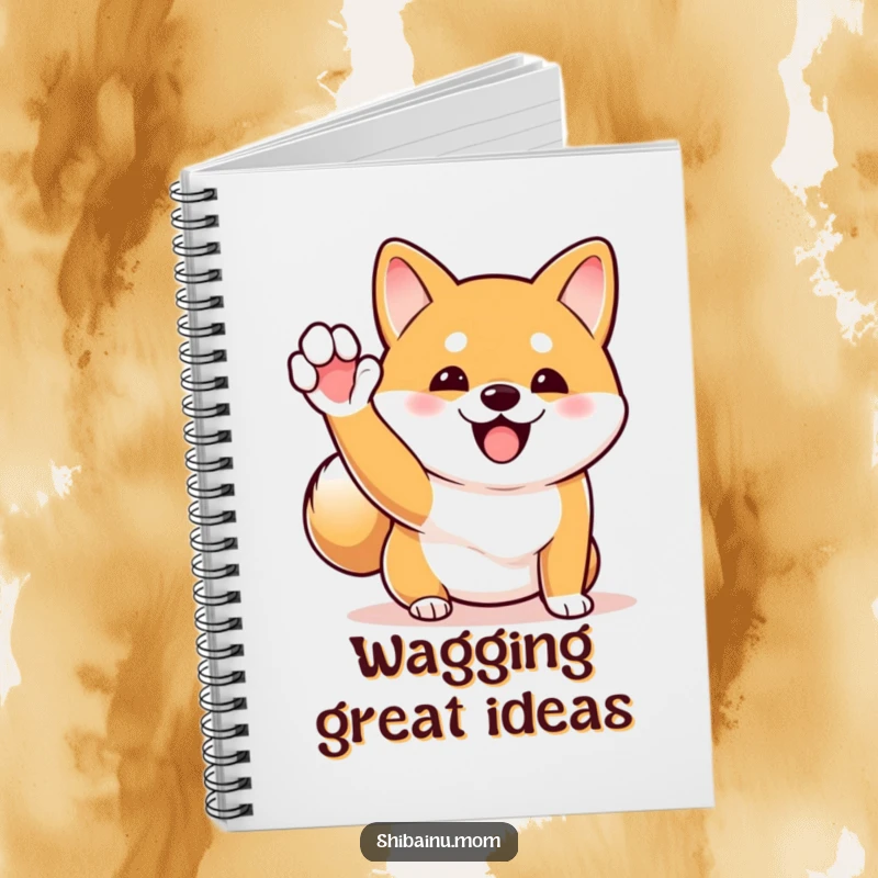 Funny Shiba Inu notebook with an excitedly waving dog and rapidly wagging tail, perfect for jotting down ideas with enthusiasm.