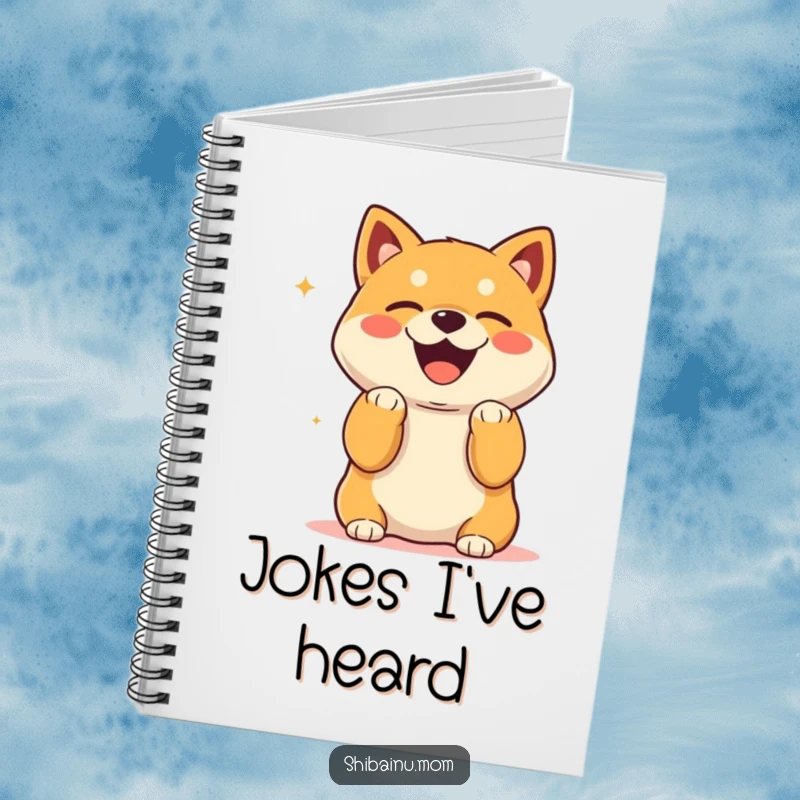 Funny Kawaii Shiba Inu Notebook with paws up, laughing heartily, ideal for notes.