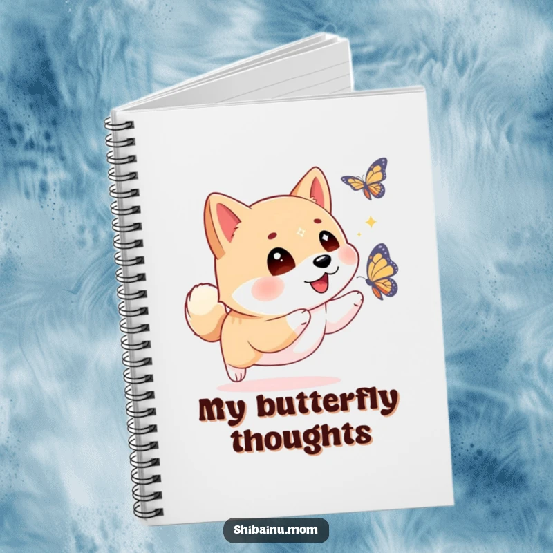 Funny Shiba Inu notebook with sparkling eyes, chasing a butterfly, ideal for jotting down notes with a sense of playful wonder.