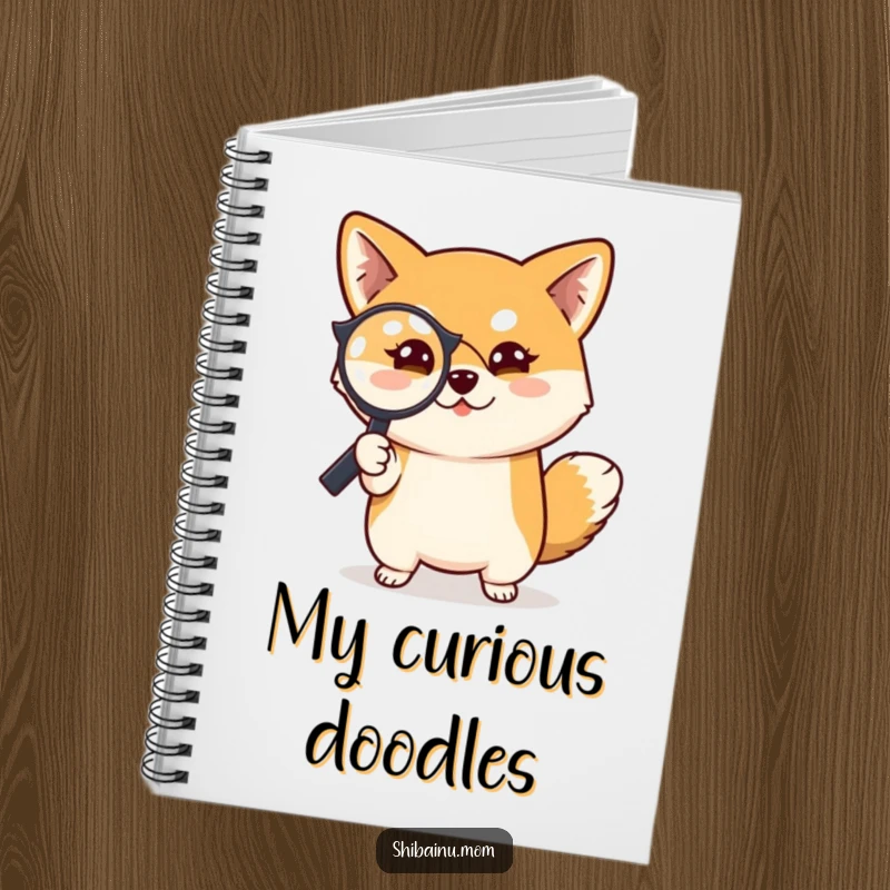 Funny Shiba Inu dog notebook cover, showing a Shiba Inu holding a magnifying glass with a mischievous expression, ideal for notes.