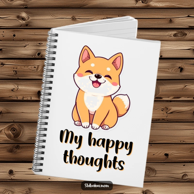 Funny kawaii Shiba Inu notebook showcasing big ears and a tail wiggling energetically, ideal for jotting down notes with a cheerful vibe.