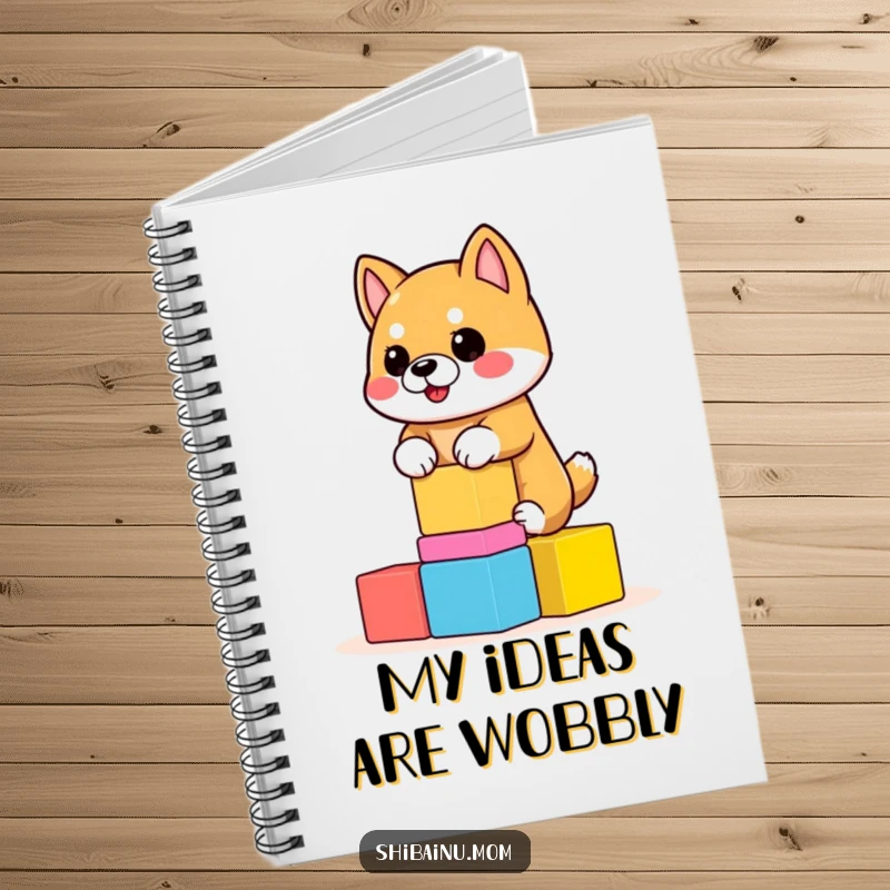 Funny Shiba Inu Notebook with a dog balancing a stack of wobbly blocks. Perfect for journaling, a funny gift.