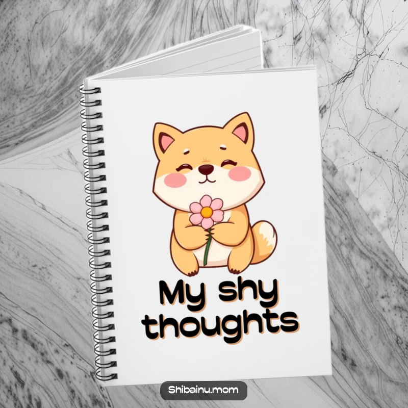 Funny Shiba Inu notebook design with a bashful dog presenting a flower, perfect for jotting down sweet thoughts.