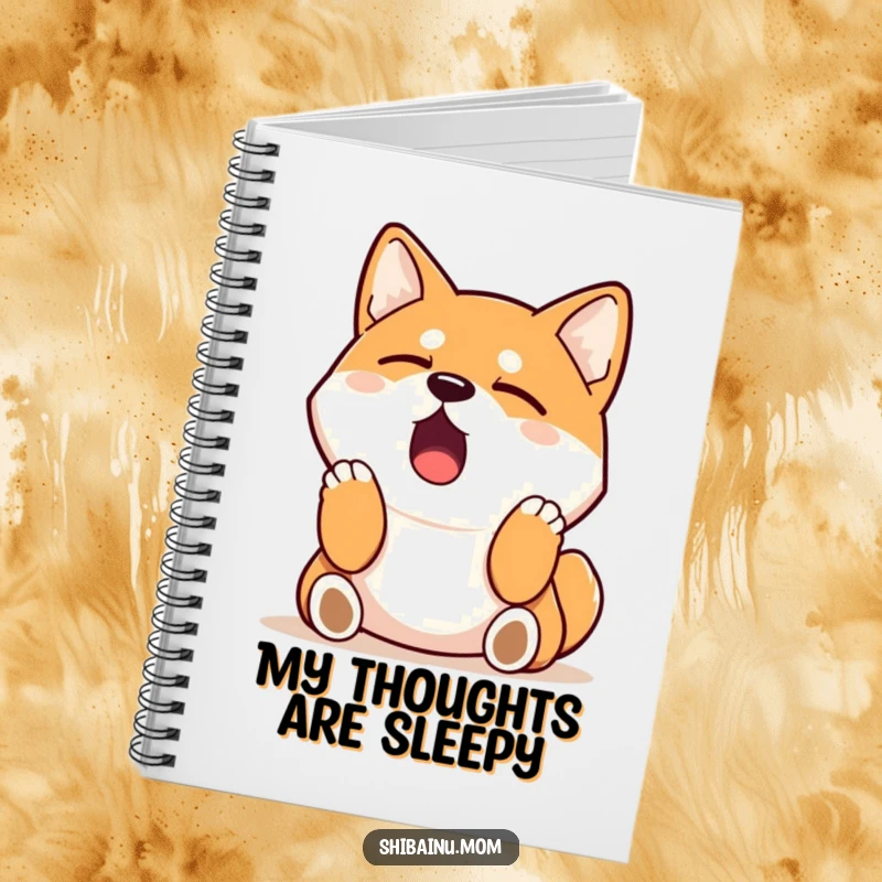 Funny Shiba Inu notebook design with a sleepy dog yawning and stretching, perfect for jotting down sleepy thoughts.