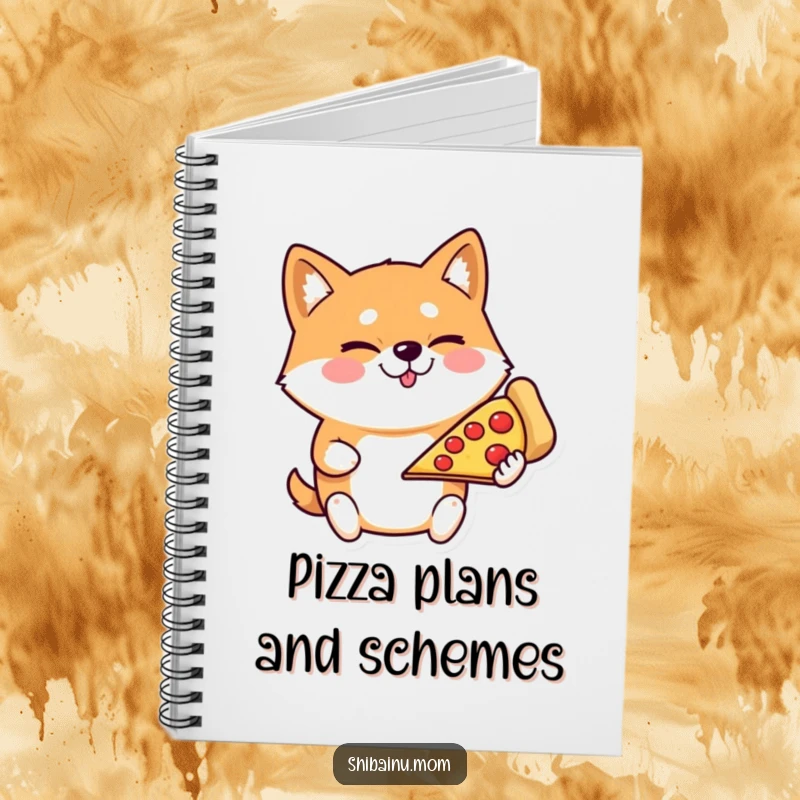 Funny Shiba Inu notebook, a winking dog holding a pizza slice, for jotting notes with a humorous touch.