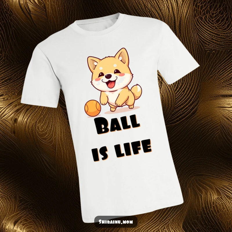 Funny Shiba Inu dribbling ball t-shirt, a floppy-eared dog energetically plays with a small round ball, active canine humor.