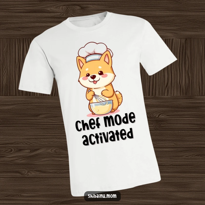 Funny Shiba Inu dog wearing a tiny chef hat and happily whisking batter on a comfortable t-shirt.