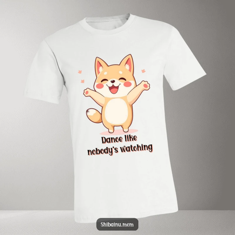 Funny Shibainu t-shirt depicting a dog doing a happy dance with its paws energetically in the air.