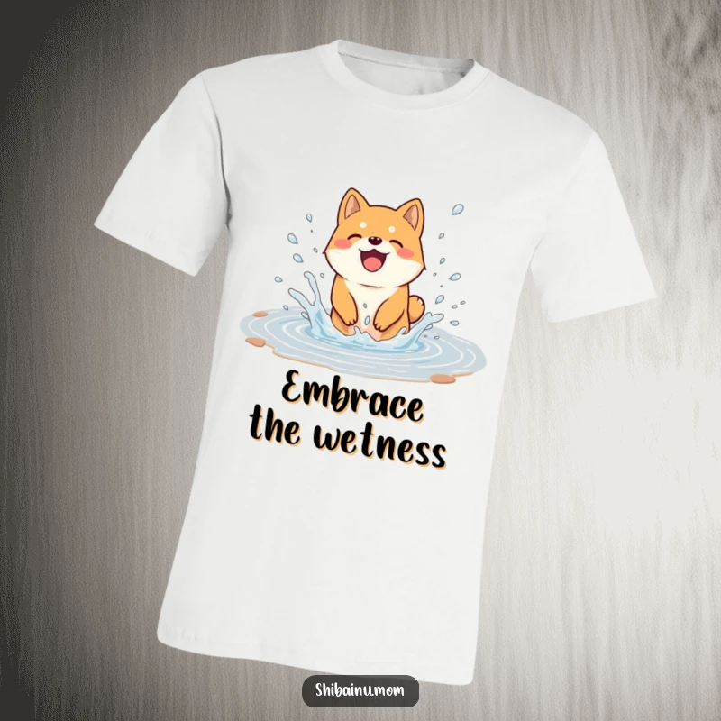 Funny t-shirt depicting a Shiba Inu dog gleefully splashing in a puddle, water flying, expressing joyful abandon and playful energy.