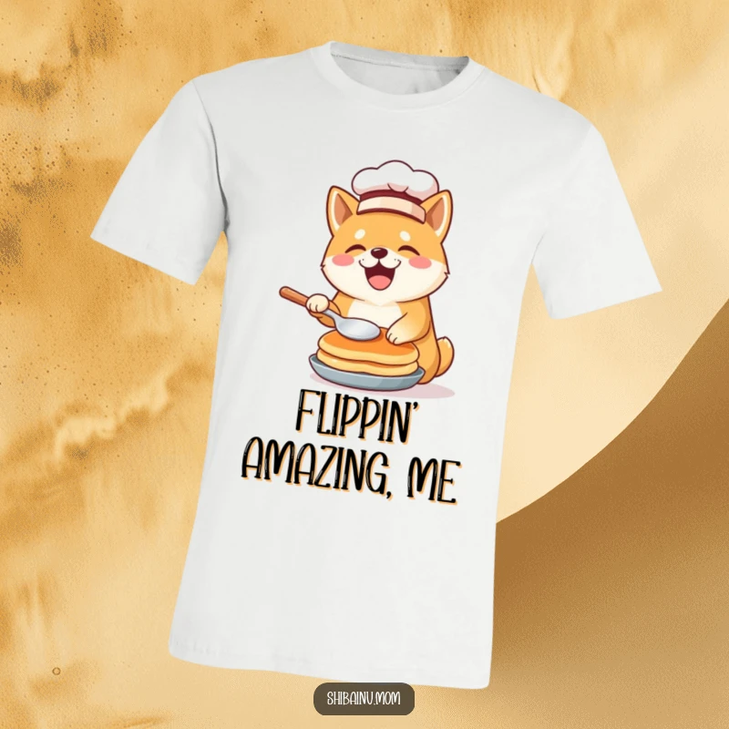 Funny Shiba Inu t-shirt featuring a tiny chef hat and a joyful pancake flip, celebrating culinary arts with adorable humor.
