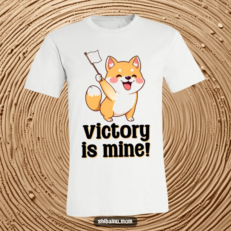 Funny t-shirt depicting an excited Shiba Inu dog waving a small flag with a furiously wagging tail, perfect for showing festive spirit.