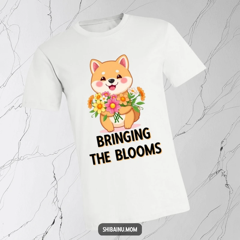 Funny Kawaii Shiba Inu t-shirt with a happy dog holding a cheerful bouquet of flowers. A lovely and heartwarming design for a funny gift.