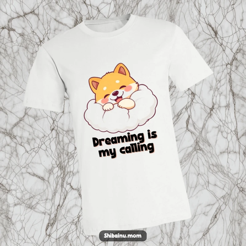 Funny Shiba Inu t-shirt showcasing a joyful dog hugging a giant, fluffy cloud with pure, unadulterated delight.