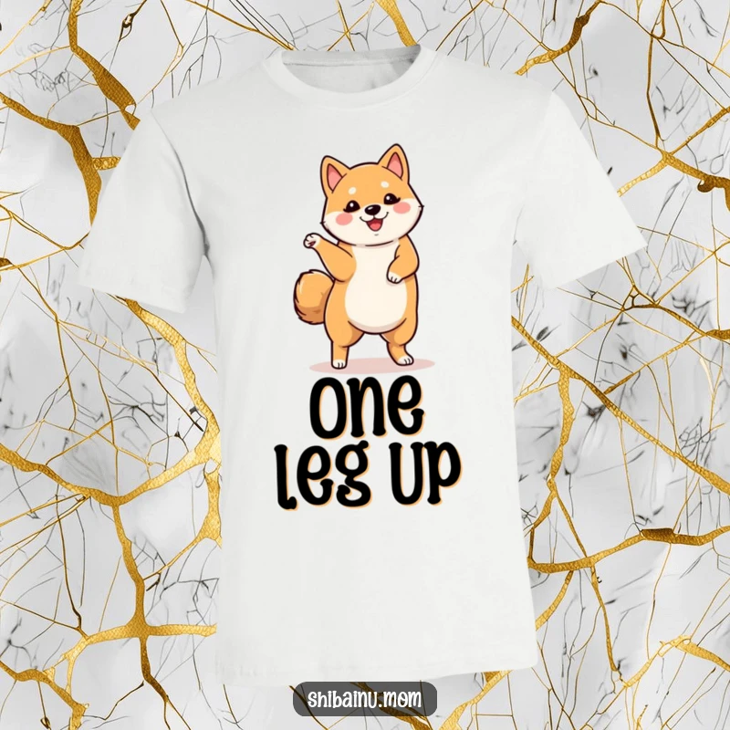 Funny t-shirt depicting a Shiba Inu energetically dancing with one leg raised, perfect for expressing a playful and joyful personality.