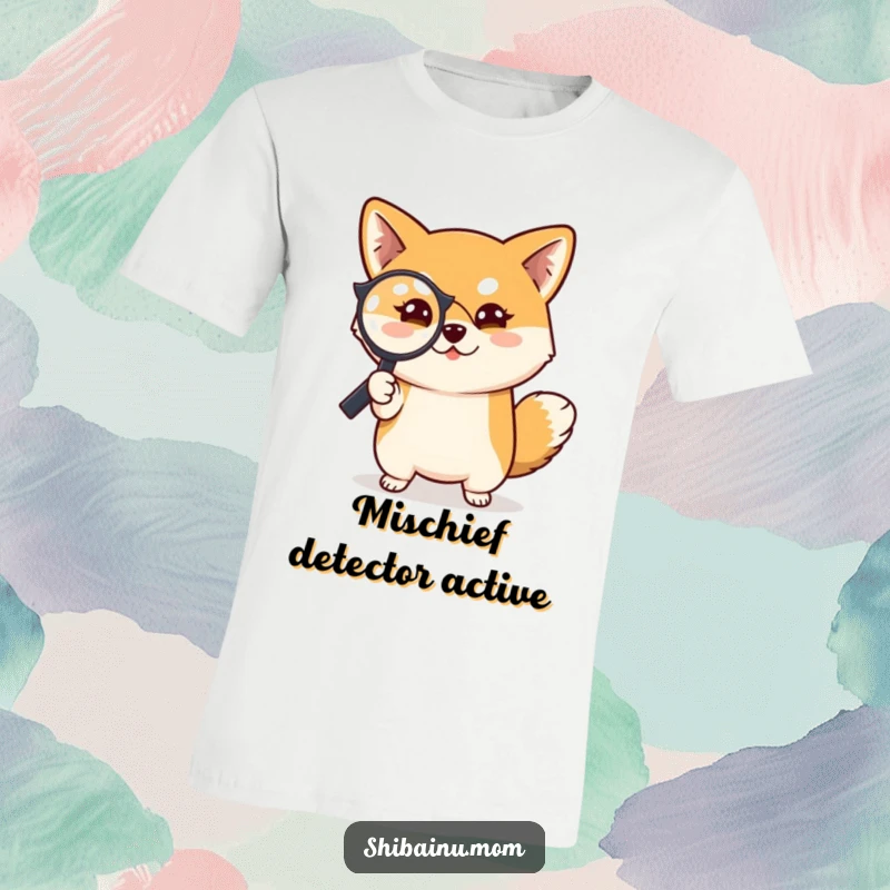 Funny Shiba Inu dog t-shirt, holding a magnifying glass with a mischievous expression, looking for clues with playful determination.